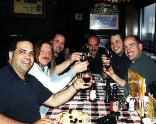 (left to right) myself, Stu (The Pinhead) Lyons, Mark Allen, Mike Anthony, Doc Thompson, Don Snyder meet for a reunion dinner in 2001.